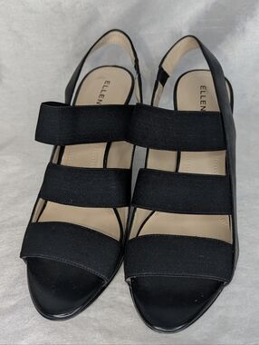 Ellen Tracy Black Leather Slingback Heels Open Toe Elasticized Straps, Josie 8